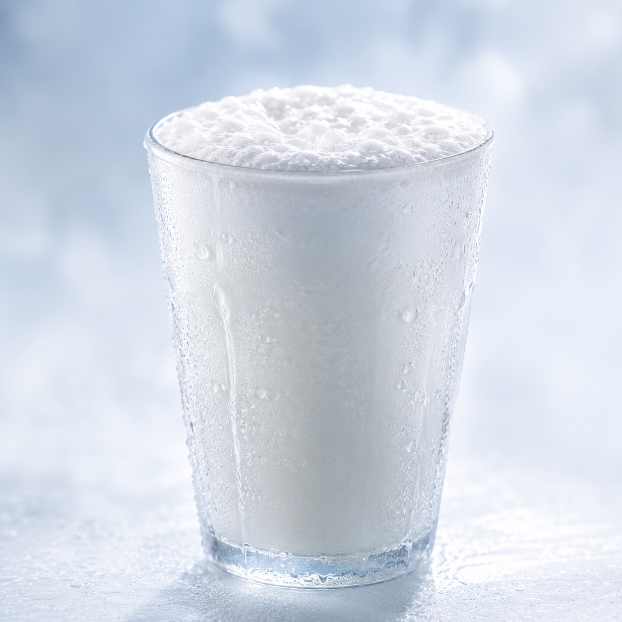 Buğulanmış bardakta soğuk ve köpüklü ayran