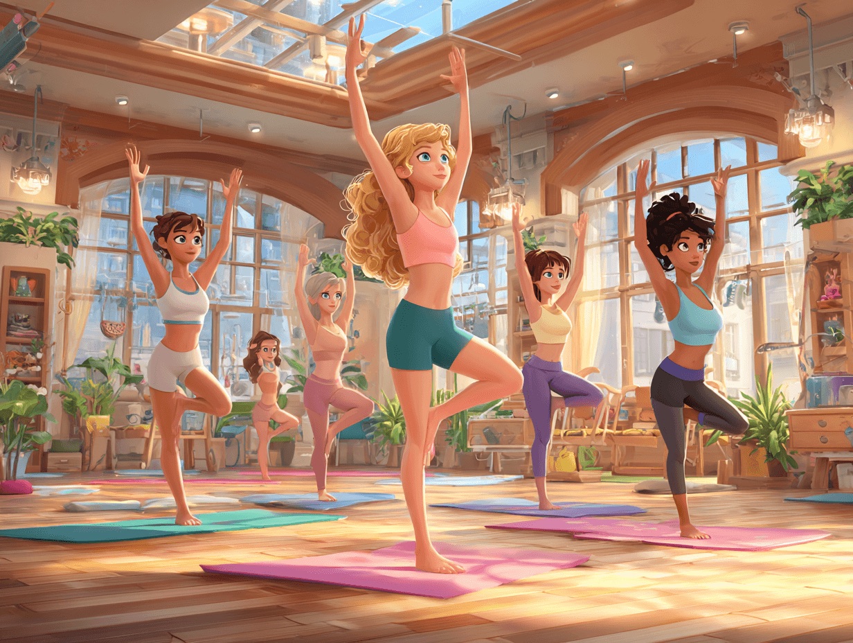 Pilates stüdyosunda egzersiz yapan karakterler – 3D çizim